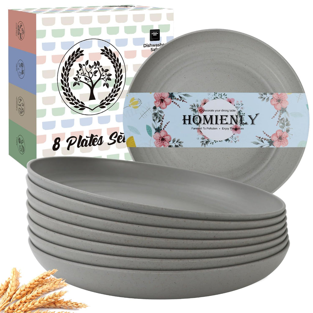 Homienly Deep Dinner Plates Set of 8 Alternative for Plastic Plates Microwave and Dishwasher Safe Wheat Straw Plates for Kitchen, Camping Unbreakable Lightweight Round Plate Set (Grey, 9 inch)