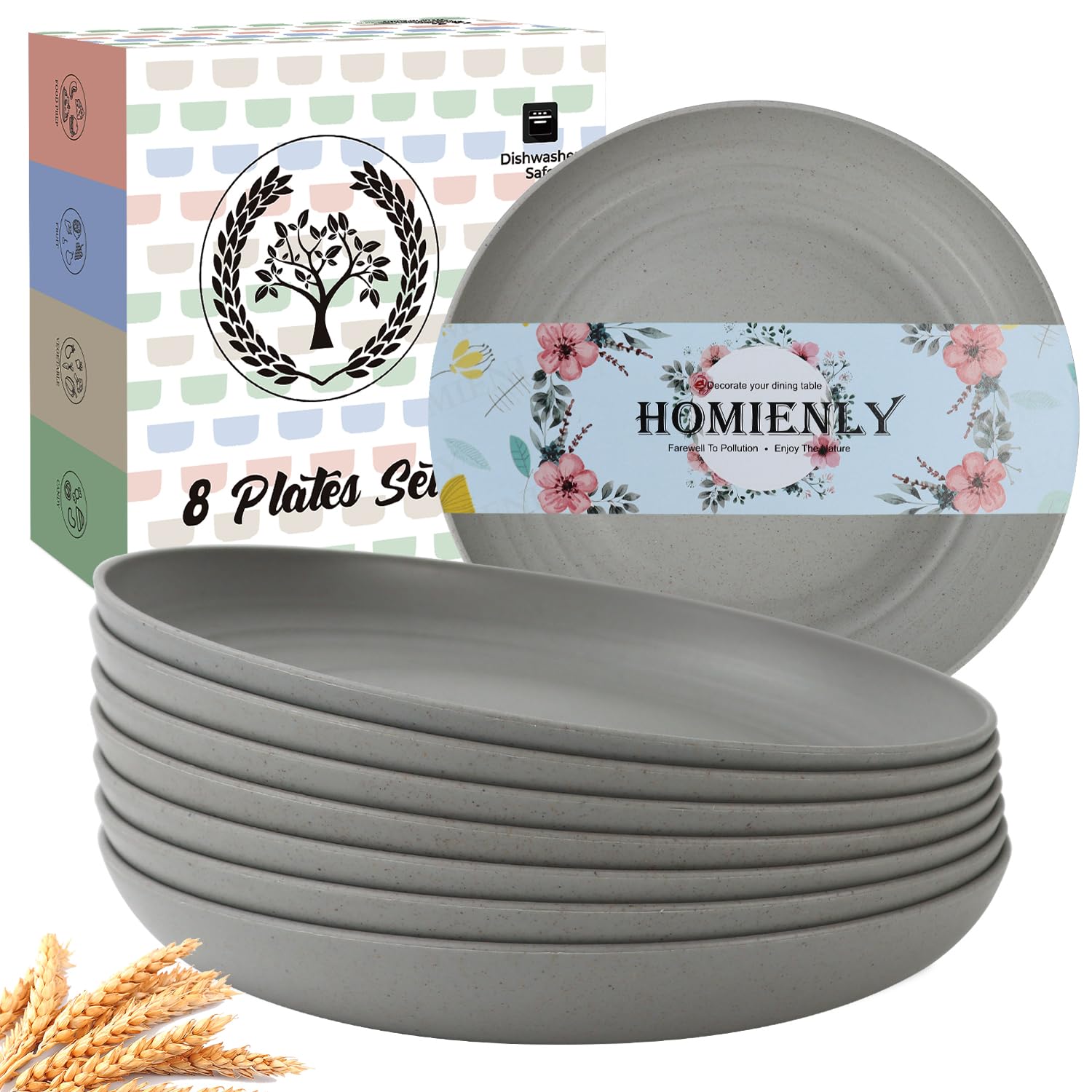 Homienly Deep Dinner Plates Set of 8 Alternative for Plastic Plates Microwave and Dishwasher Safe Wheat Straw Plates for Kitchen, Camping Unbreakable Lightweight Round Plate Set (Grey, 9 inch)