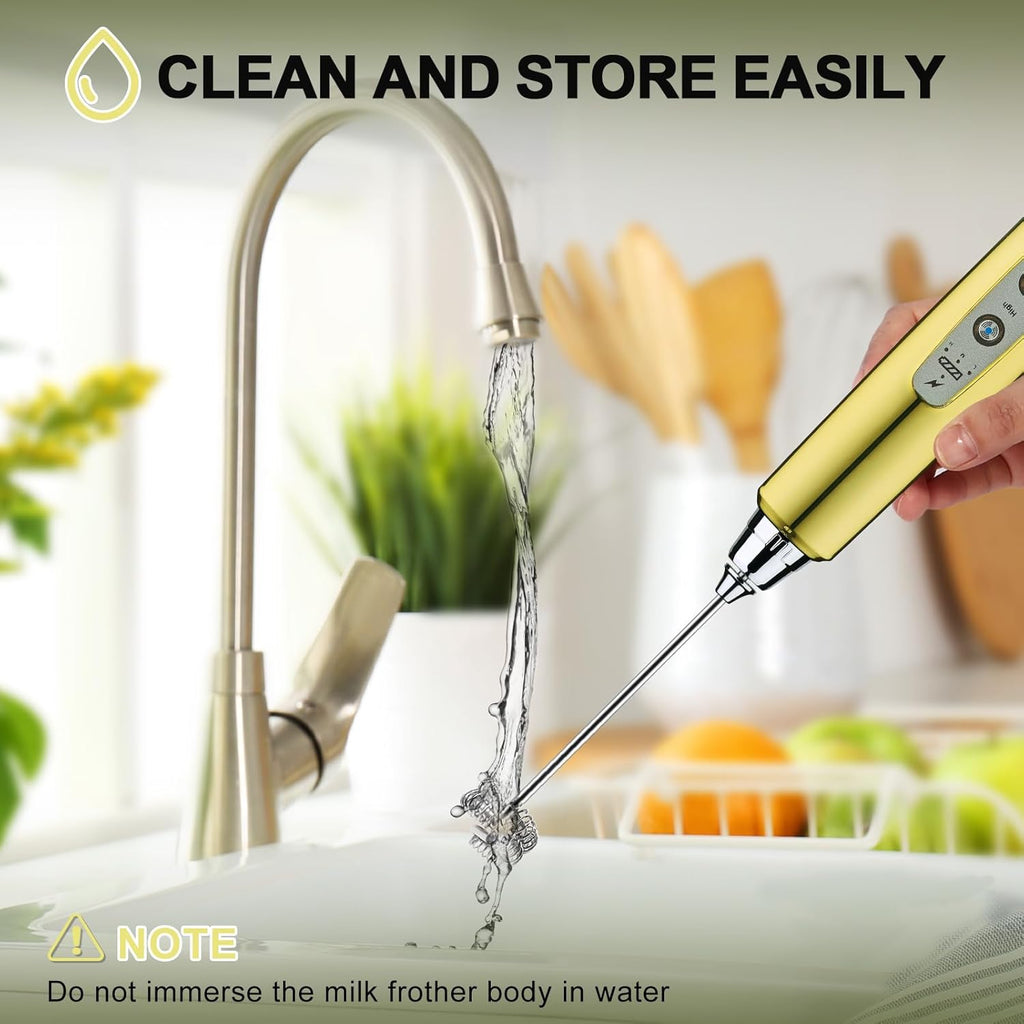 YUSWKO Handheld Milk Frother - Champagne Gold Electric Whisk with Stand, 3 Speeds & 3 Heads for Coffee, Latte & More