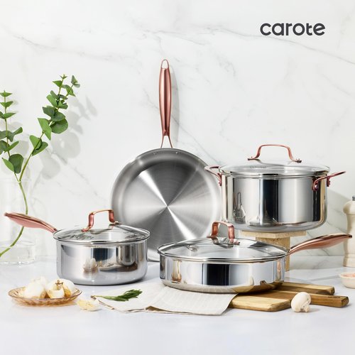 CAROTE 10" Tri-Ply Stainless Steel Deep Frying Pan with Lid, Non-Toxic Saute Pan, Oven Safe, Induction, Ceramic and Gas Cooktops Compatible, Silver