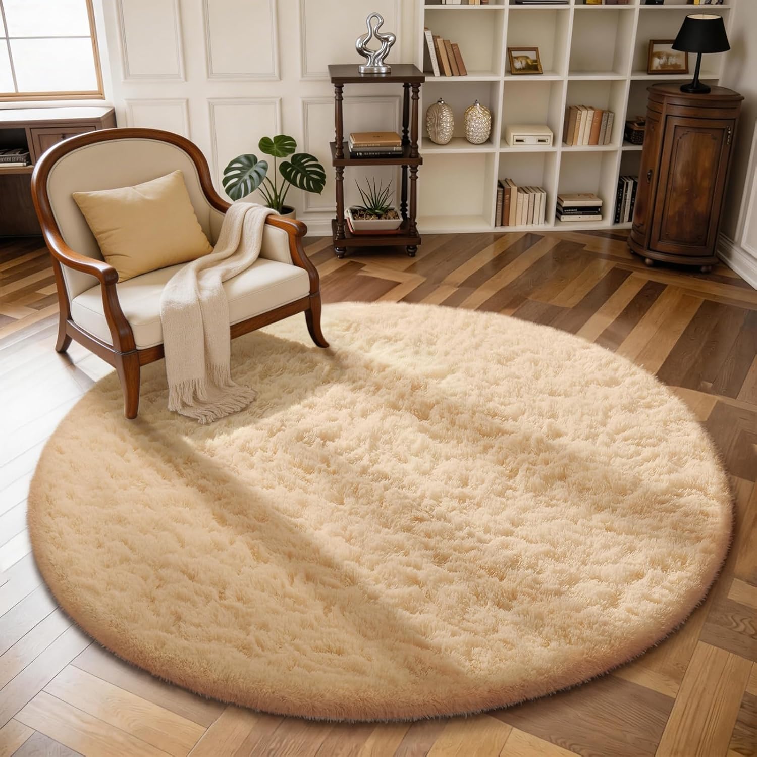 Ophanie Round Rug - 4Ft Beige Circle Area Rug | Plush Soft Shaggy Carpet for Kids' Rooms & Nurseries
