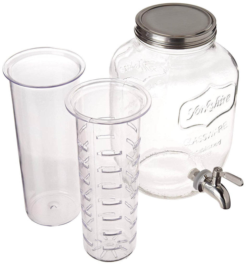 2 Gallon Glass Beverage Dispenser with Ice and Fruit Infusers, Stainless Steel Spigot and Metal Lid, Wide Mouth Mason Jar Drink Dispenser, for Iced Tea, Kombucha Brewing and more