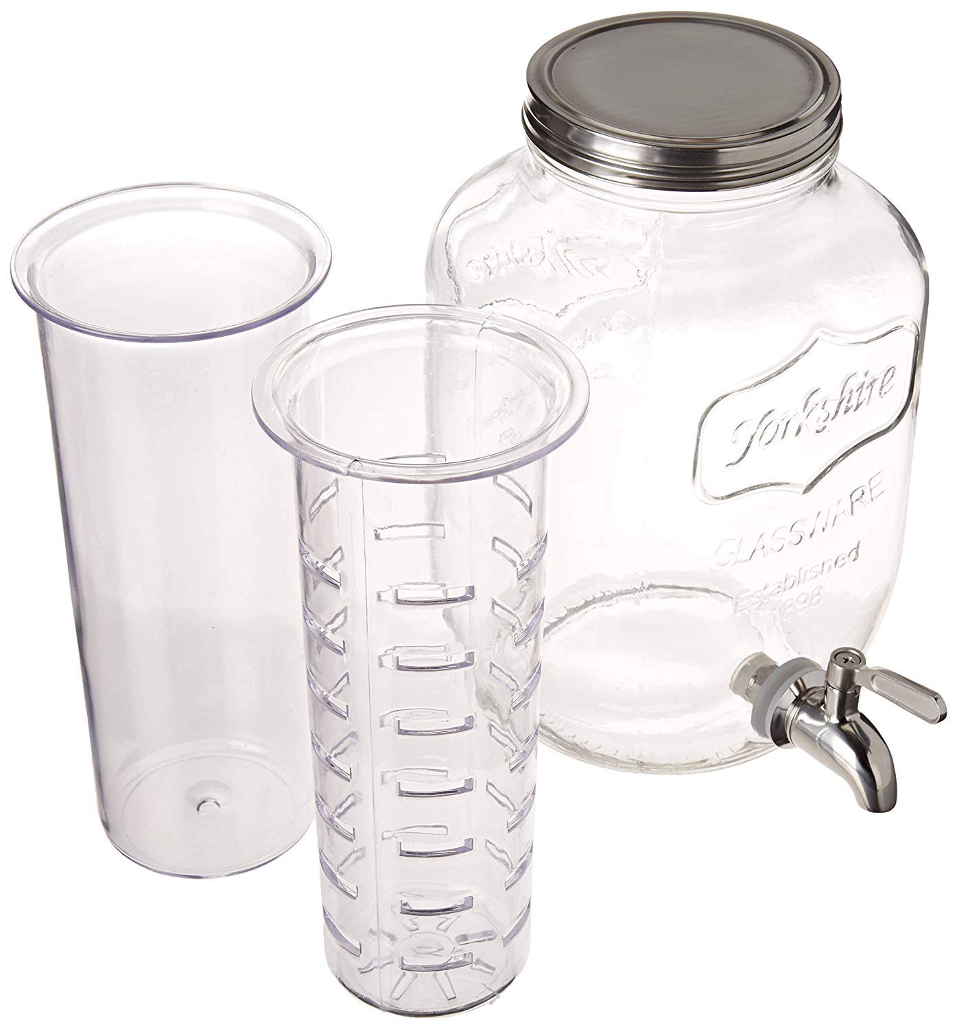 2 Gallon Glass Beverage Dispenser with Ice and Fruit Infusers, Stainless Steel Spigot and Metal Lid, Wide Mouth Mason Jar Drink Dispenser, for Iced Tea, Kombucha Brewing and more