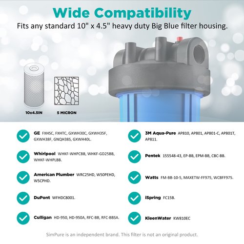 SimPure Whole House Water Filter Cartridges 5 Micron 10" x 4.5" CTO Activated Carbon Block, For DB10P, DB10C-2, GE GXWH40L, GXWH35F, BB10, FXHTC, FC15B, 3 Pack