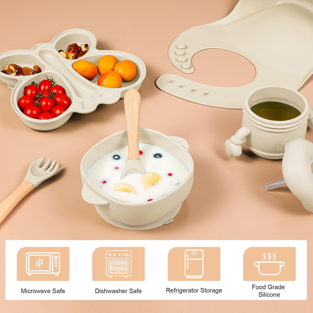 MIICASA Silicone Baby Feeding Set, Baby Led Weaning Supplies, Silicone Suction Butterfly Plate, Bowl, Spoons, Fork and Waterproof Bib & Cloth Bib, Eating Utensils Baby Feeding Essentials (Beige)