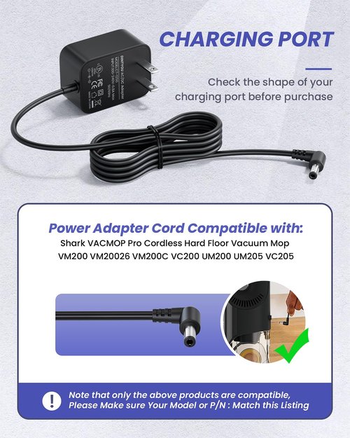 DINTYOU Vacuum Cleaner Charger Compatible with Shark VM200(Old) VM190 VM19026 VM20026 VM200C VC200 UM200 UM205 VC205 Cordless Hard Floor Vacuum Mop Power Supply