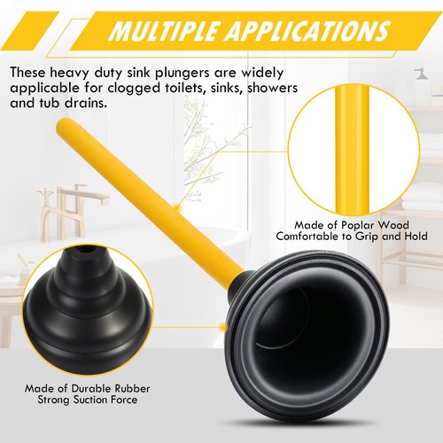 Baderke 4 Pcs Heavy Duty Toilet Plunger with Long Wooden Handle Force Suction Cup 26.38"x5.51" Black Rubber Toilet Plunger Removes Clogs Without Holder for Bathroom Drains Sink