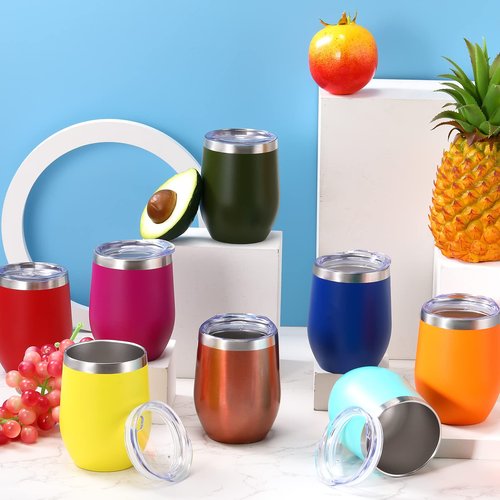 20 Pack Stainless Steel Wine Tumblers with Lids Bulk 12 oz Double Wall Insulated Wine Cups Stemless Powder Coated Glass for Coffee Cocktails Champagne Laser Engrave DIY Gift, 20 Assorted Colors