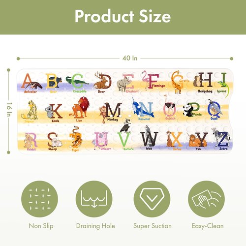 AmazerBath Baby Bath Mat Non Slip, Cartoon Kids Bath Mat for Tub 40 x 16 Inches Full Size Shower Stall Mats - Alphabets & Animals