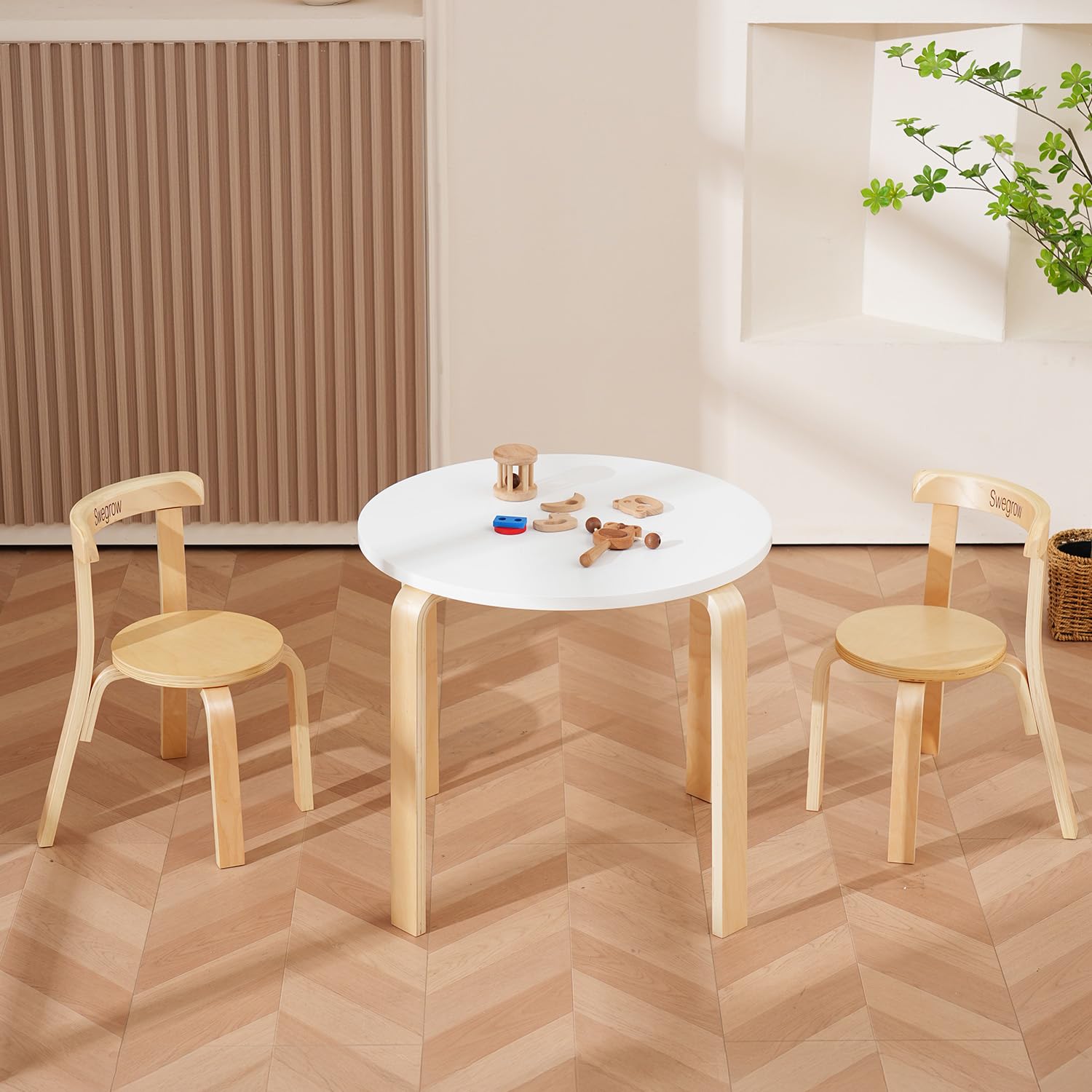 Swegrow Kids Table and 2 Chairs Set, Wooden Table and Chairs for Kids & Toddler，Kid Wooden Furniture for Playroom/Home/Kindergarten