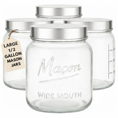Kitchentoolz Half Gallon Glass Mason Jars with Extra Wide Mouth & Metal Lids - Airtight Food Storage & Canning Jars with Measurement Markings - 1/2 Gallon Mason Jar (4pk)