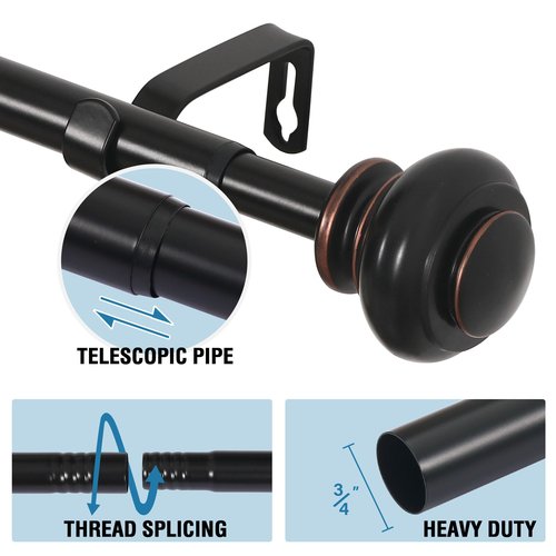 H.VERSAILTEX Curtain Rods for Windows 16.2 to 43.8 Inches 3/4 inch Diameter Adjustable Decorative Telescoping Curtain Rod with Brackets Heavy Duty Splicing Window Rods with Classic Finials, Black