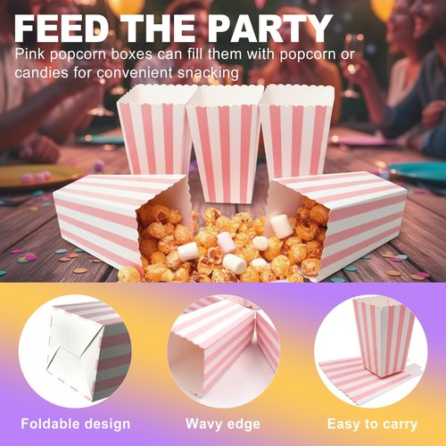 ZeriLion 24 Pack Pink Popcorn Boxes | Striped Pink and White Popcorn Containers | for Movie Night, Party Favors