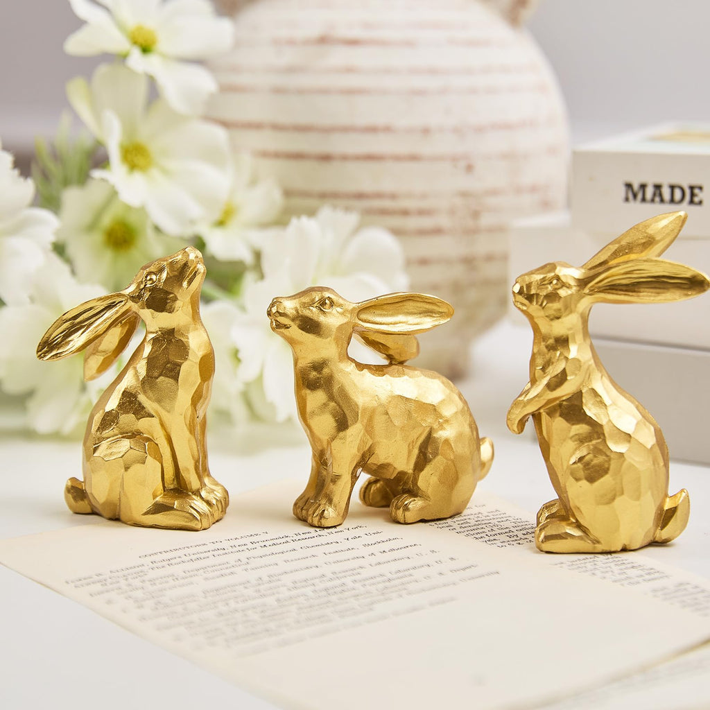 yumhum 3 Gold Easter Bunny Decorations, Resin Rabbit Figurine Small Decorative Bunny Statues for Tabletop Centerpiece Indoor Spring Easter Decor Mantle Decorations