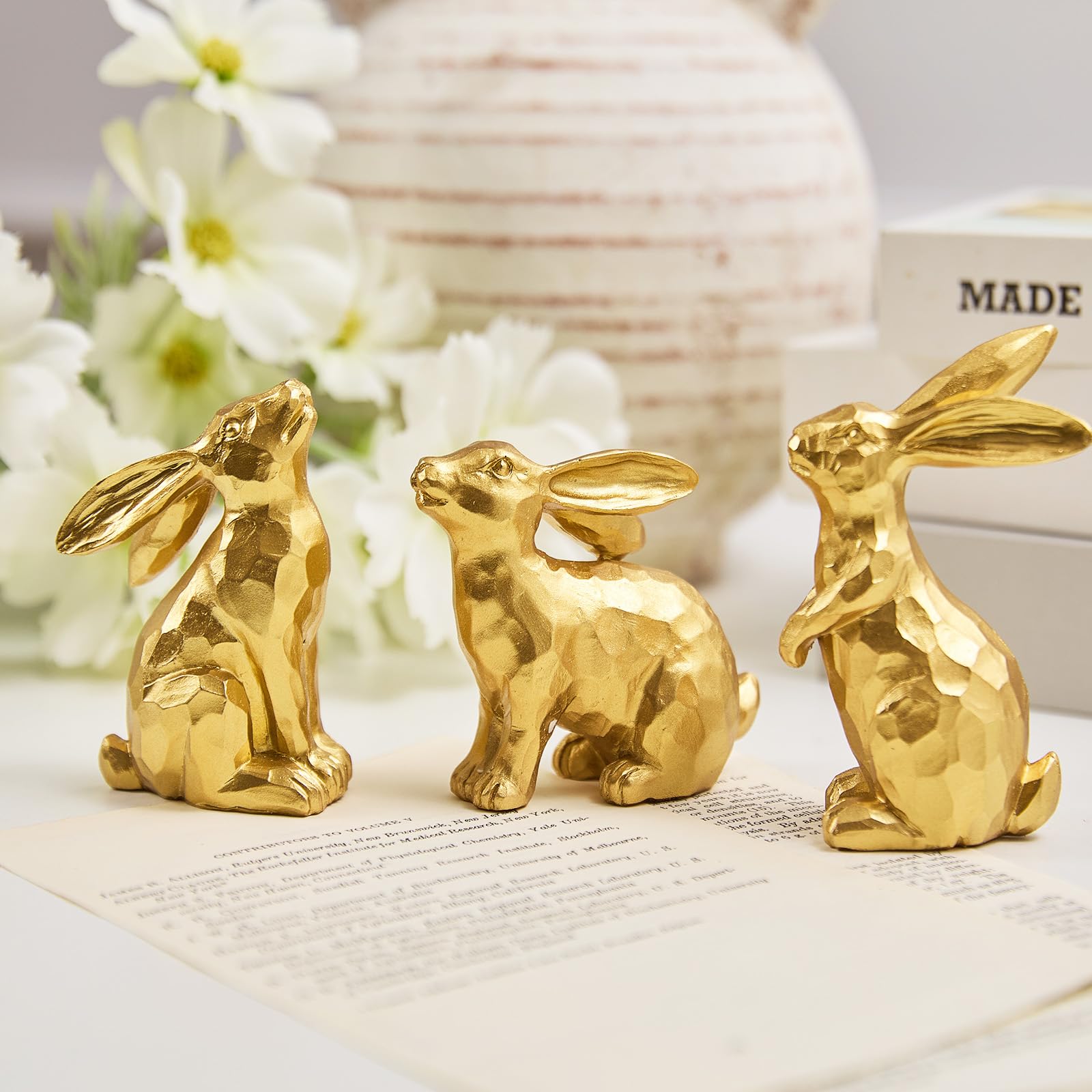 yumhum 3 Gold Easter Bunny Decorations, Resin Rabbit Figurine Small Decorative Bunny Statues for Tabletop Centerpiece Indoor Spring Easter Decor Mantle Decorations