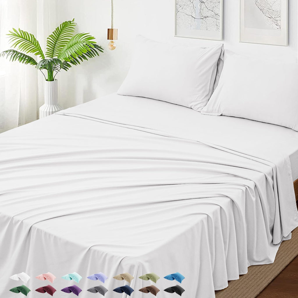 USXIBEI Queen Size 4 Piece Sheet Set - Hotel Luxury Bedding for Queen Size Bed - Soft and Breathable Bed Sheets Set - Deep Pocket Sheets,Wrinkle & Fade Resistant(Queen, White)