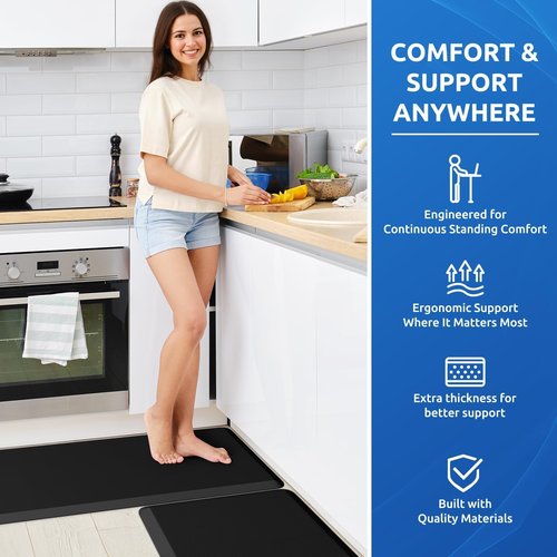 KitchenClouds 2PCS Kitchen Rugs Cushioned Anti-Fatigue Non-Slip Water Resistant Kitchen Mat Comfort Foam Standing Mat for Floor Office Sink Laundry (Black)
