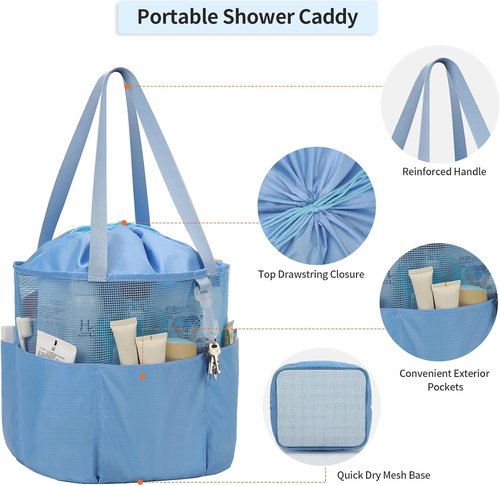 Mesh Shower Caddy - Portable Travel Toiletry Bag for Men & Women | Large Capacity Quick-Dry Design - Blue