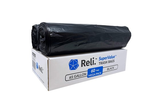Reli. SuperValue 65 Gallon Trash Bags | 60 Count | Made in USA | Heavy Duty | Black Multi-Use Garbage Bags