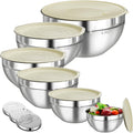 Stainless Steel Mixing Bowls Set by [Brand Name] - 6 PCS with Lids & 3 Grater Attachments | Large Nesting Sizes 4.5QT to 0.7QT