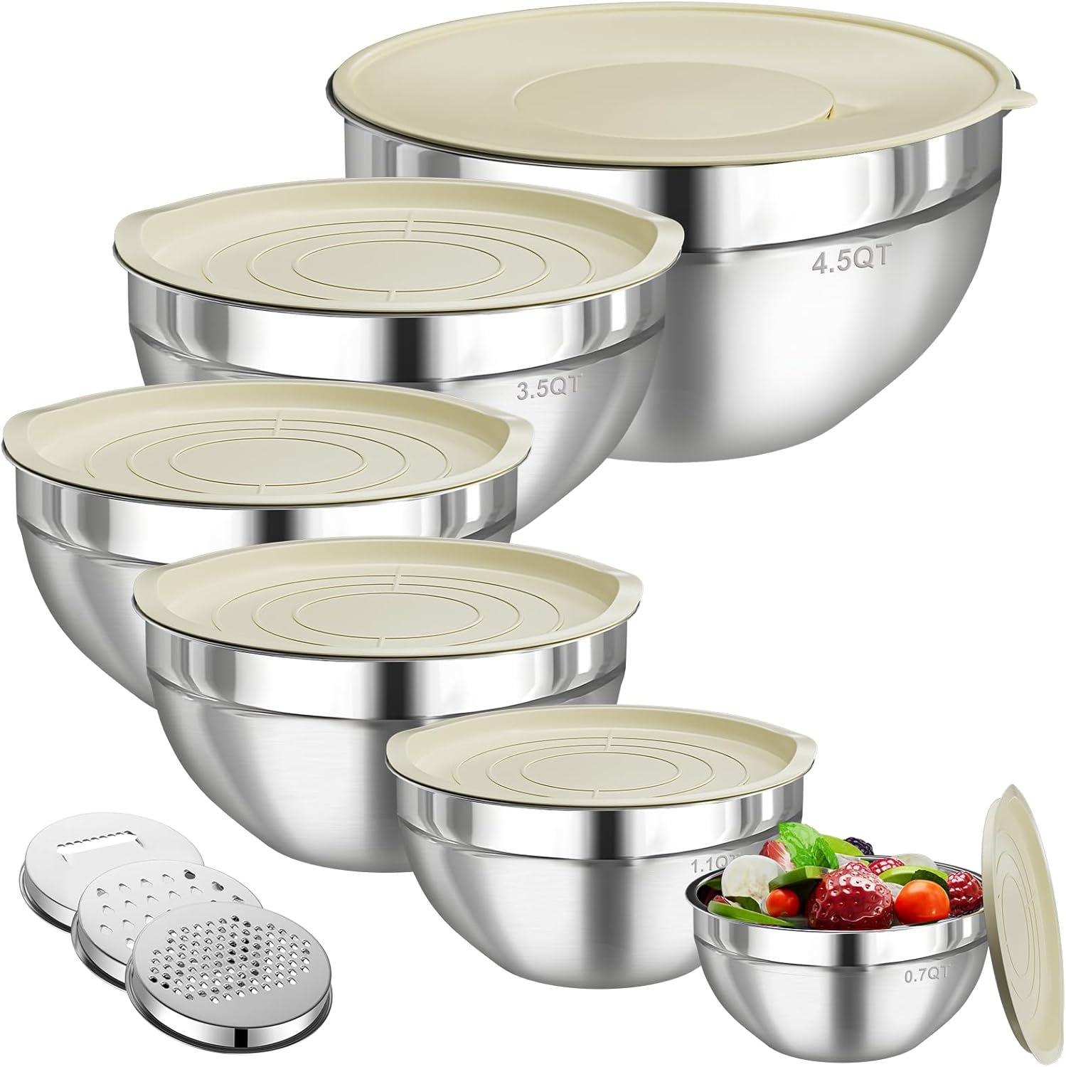Stainless Steel Mixing Bowls Set by [Brand Name] - 6 PCS with Lids & 3 Grater Attachments | Large Nesting Sizes 4.5QT to 0.7QT