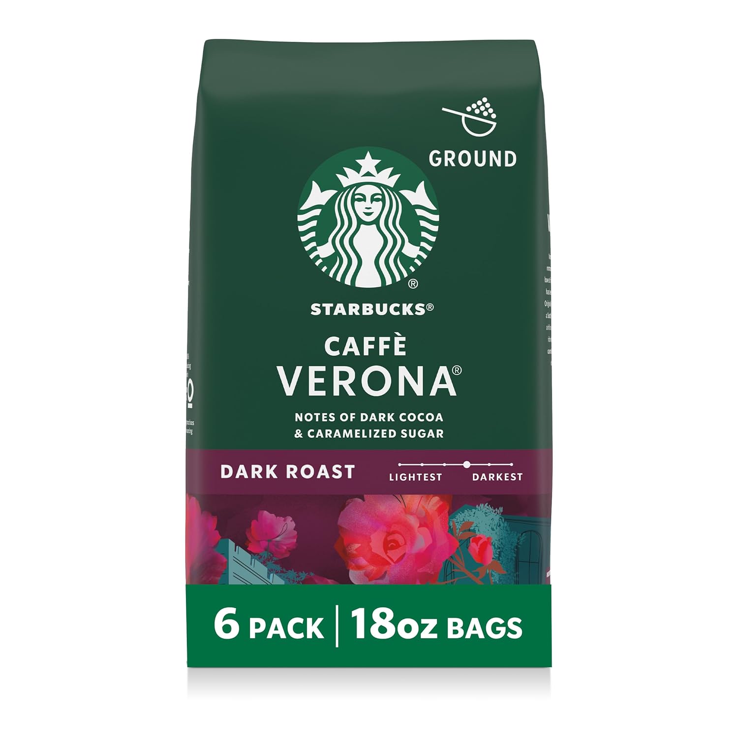 Starbucks Ground Coffee - Dark Roast Caffè Verona for Hot or Iced Coffee | Six 18 oz Bags