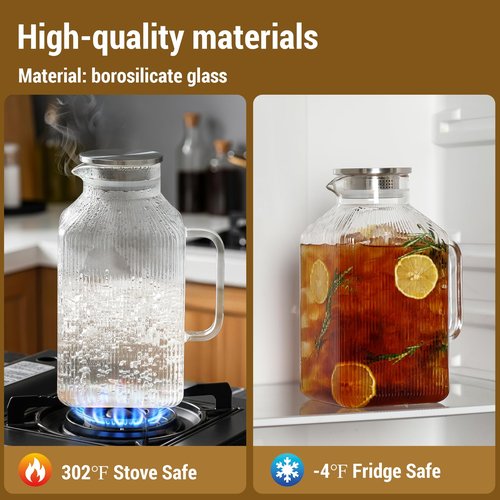 1 Gallon thickened Square Glass Pitcher with Lid, Classic Stripes Water Pitchers for Fridge, Borosilicate Glass Carafe for Hot/Cold Brew Drink, Extra Large Jug with Handle for Iced Tea, Coffee, Juice