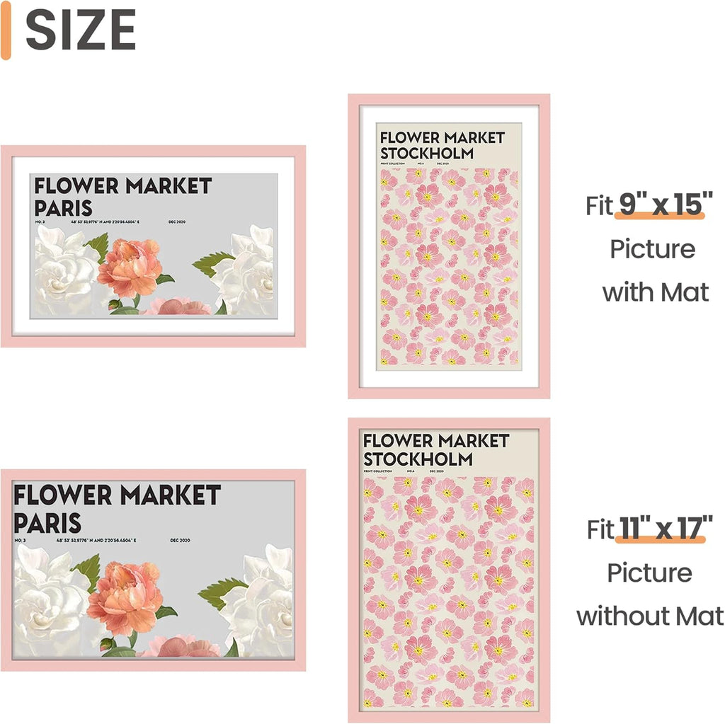 Upsimples 11x17 Picture Frame - Versatile Display for 9x15 with Mat or 11x17 Without - Pink, 1 Pack
