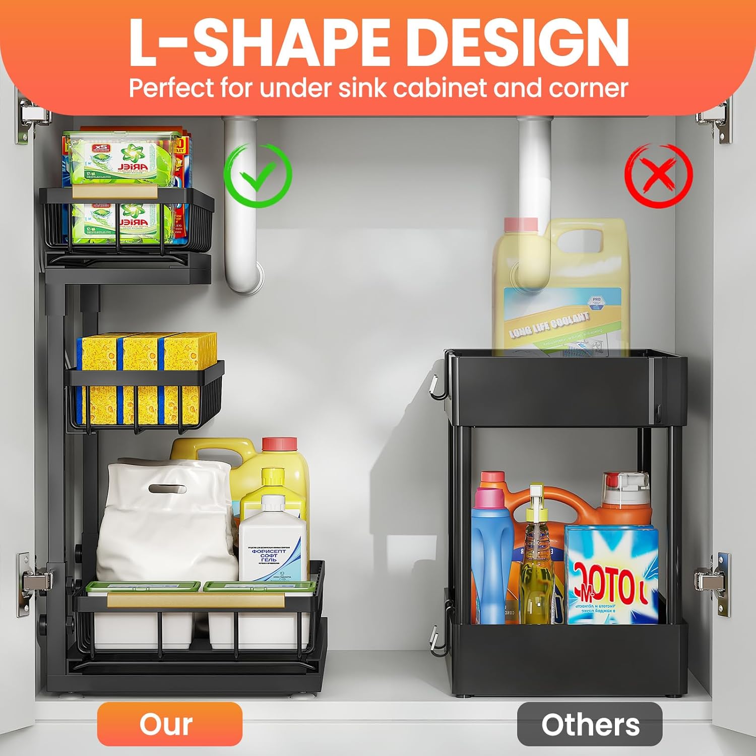 Under Sink Organizer - 3 Tier Pull Out Shelf Storage for Bathroom & Kitchen | 2 Pack Slide Out Drawers