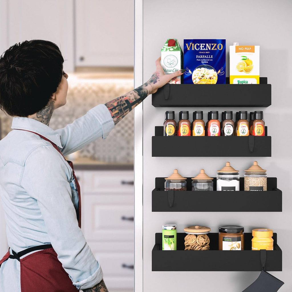 Global Digitronix Metal Magnetic Spice Rack for Refrigerator – 4 Pack Strong Magnet Organizer Shelves with Notepad – Black Heavy-Duty Spice Storage for Kitchen, Pantry, Laundry, Apartment, RV