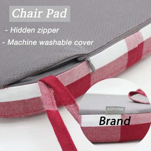 KGPLOME Plaid Chair Cushions with Ties for Dining Chairs - Memory Foam Non Slip Kitchen Chair Pad and Seat Cushion with Machine Washable Cover [16.5 x 16.2 Inches] - (Red White,4)