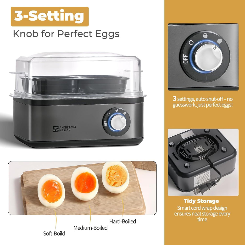 Annie & Mia Design Electric Egg Cooker - 8 Egg Capacity, 500W Rapid Boiling, Auto Shut-Off | Black