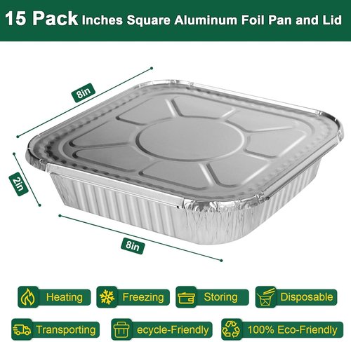 Heavy-Duty Aluminum Foil Pans with Lids by [Brand Name] | 8x8 Inch, 15 Pack - Reusable & Leakproof Baking Trays