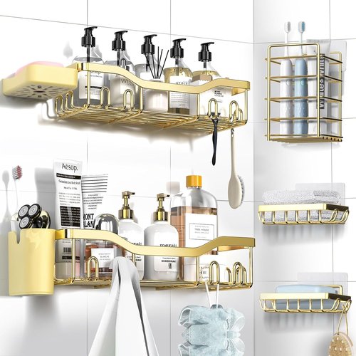 NESOMI Shower Caddy - Rustproof Stainless Steel Adhesive Organizer | 7-Pack Bathroom Storage with Soap Dish & Hooks