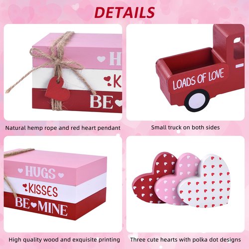 Valentine’s Day Decoration for Home, 7PCs Wooden Decorative Book Stack Set with Truck & Hearts, Rustic Valentines Table Centerpiece, Pink Red White Tiered Tray Decor for Shelf Office (red pink white)