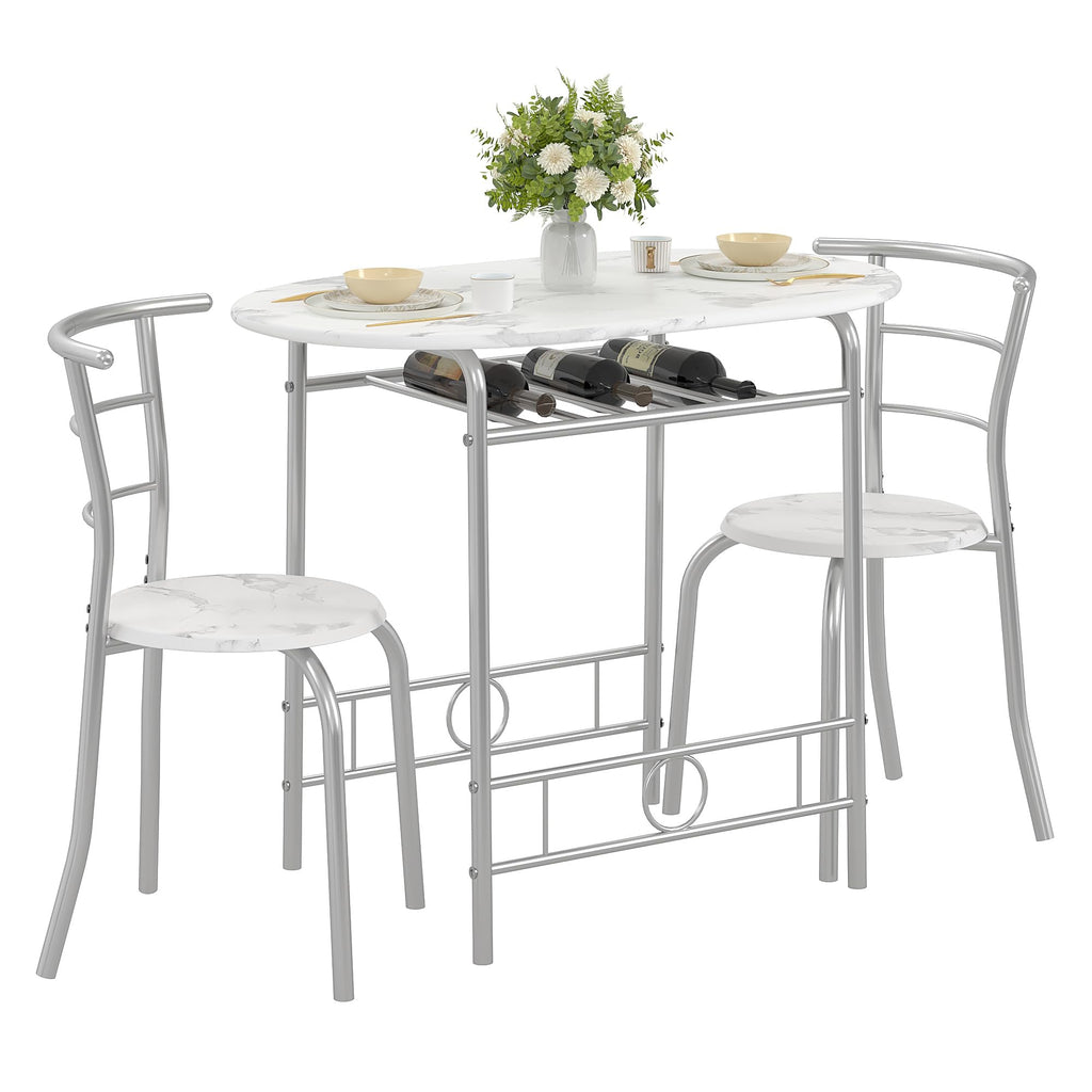 VECELO 3-Piece Dining Table Set for Kitchen Breakfast Nook, Faux Marbled Oval Tabletop and Metal Frame with Built-in Wine Rack, for Small Spaces, White & Silver