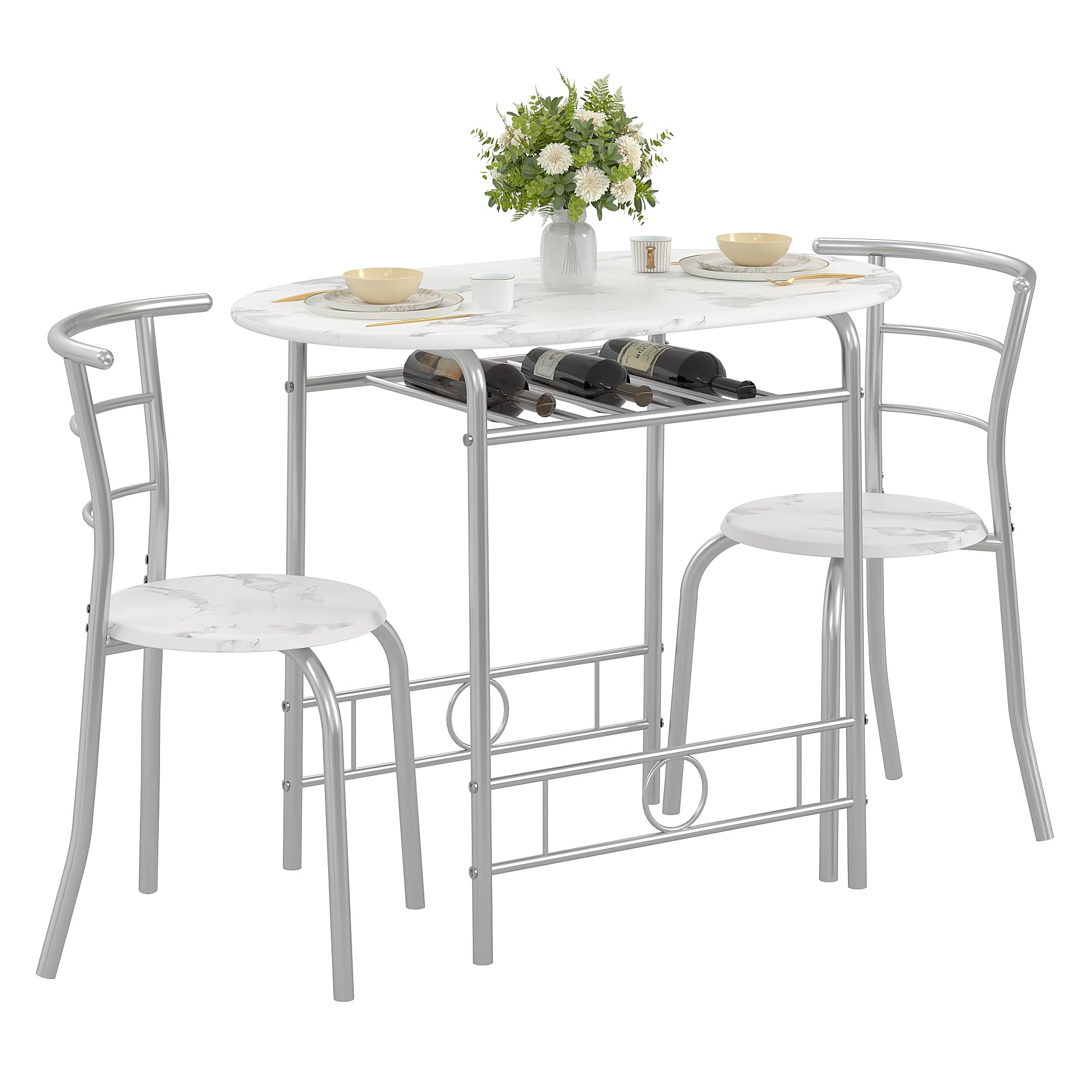 VECELO 3-Piece Dining Table Set for Kitchen Breakfast Nook, Faux Marbled Oval Tabletop and Metal Frame with Built-in Wine Rack, for Small Spaces, White & Silver