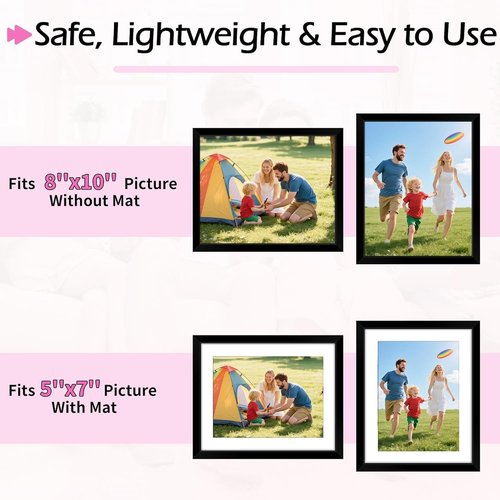 HOMERHYME 8x10 Picture Frame Set of 8 - Black Photo Frames for Tabletop or Wall Display | Fits 5x7 with Mat or 8x10 Without