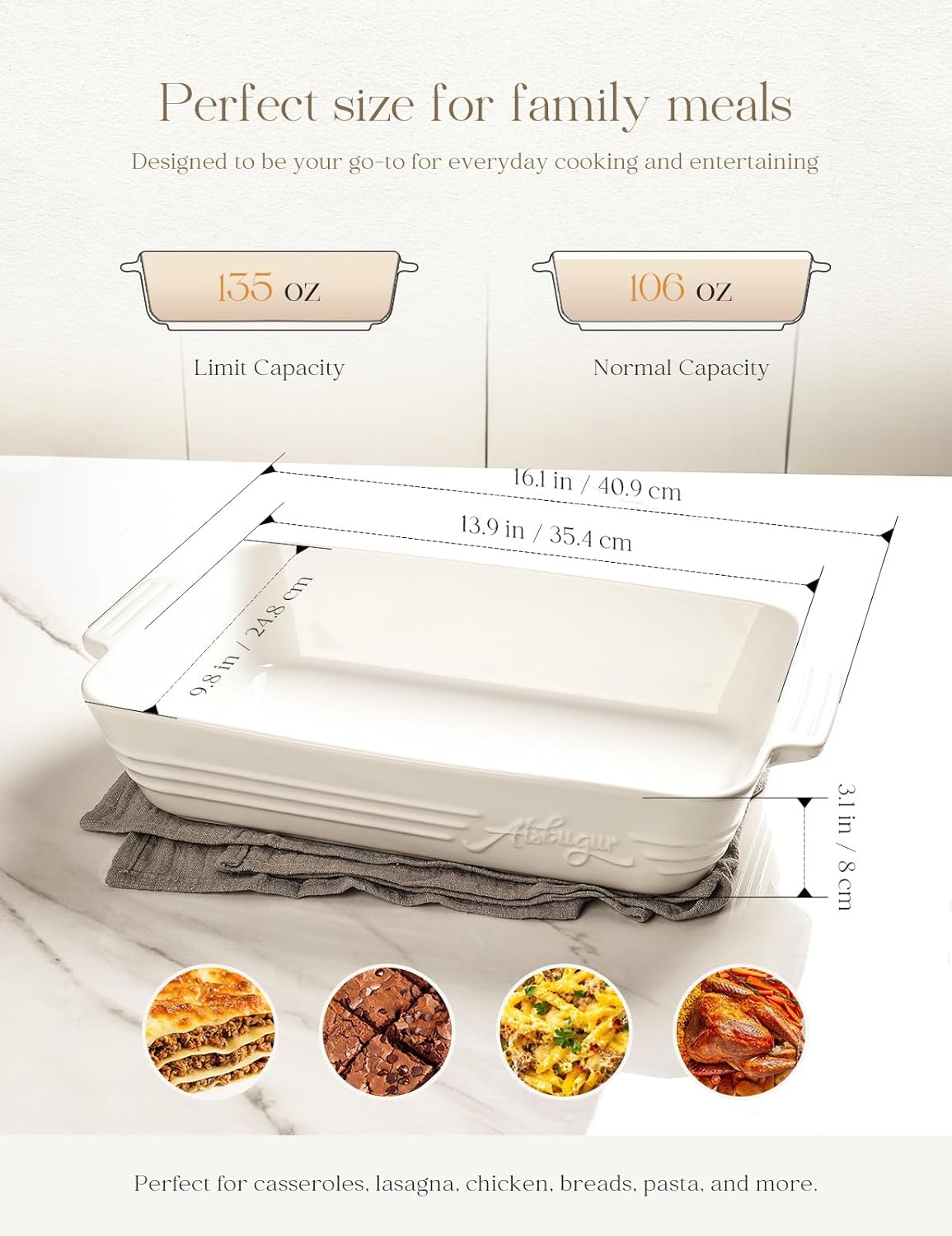 Regine Switzerland Casserole Dish - 9x13 Ceramic Baking Pan with Handles | 4.2 Quarts Durable Lasagna Bakeware in White