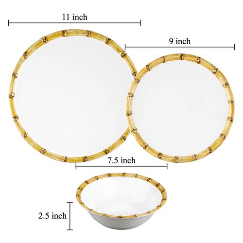 Supreme Housewares 12-Piece Melamine Dinnerware Set, Includes Dinner Plates, Salad Plates, Bowls, Service for 4. (Bamboo)