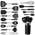 Onader Kitchen Utensils Set, 15 Pcs Silicone Cooking Utensils Set with Holder and Heat Resistant Stainless Steel Handle for Nonstick Cookware - Black