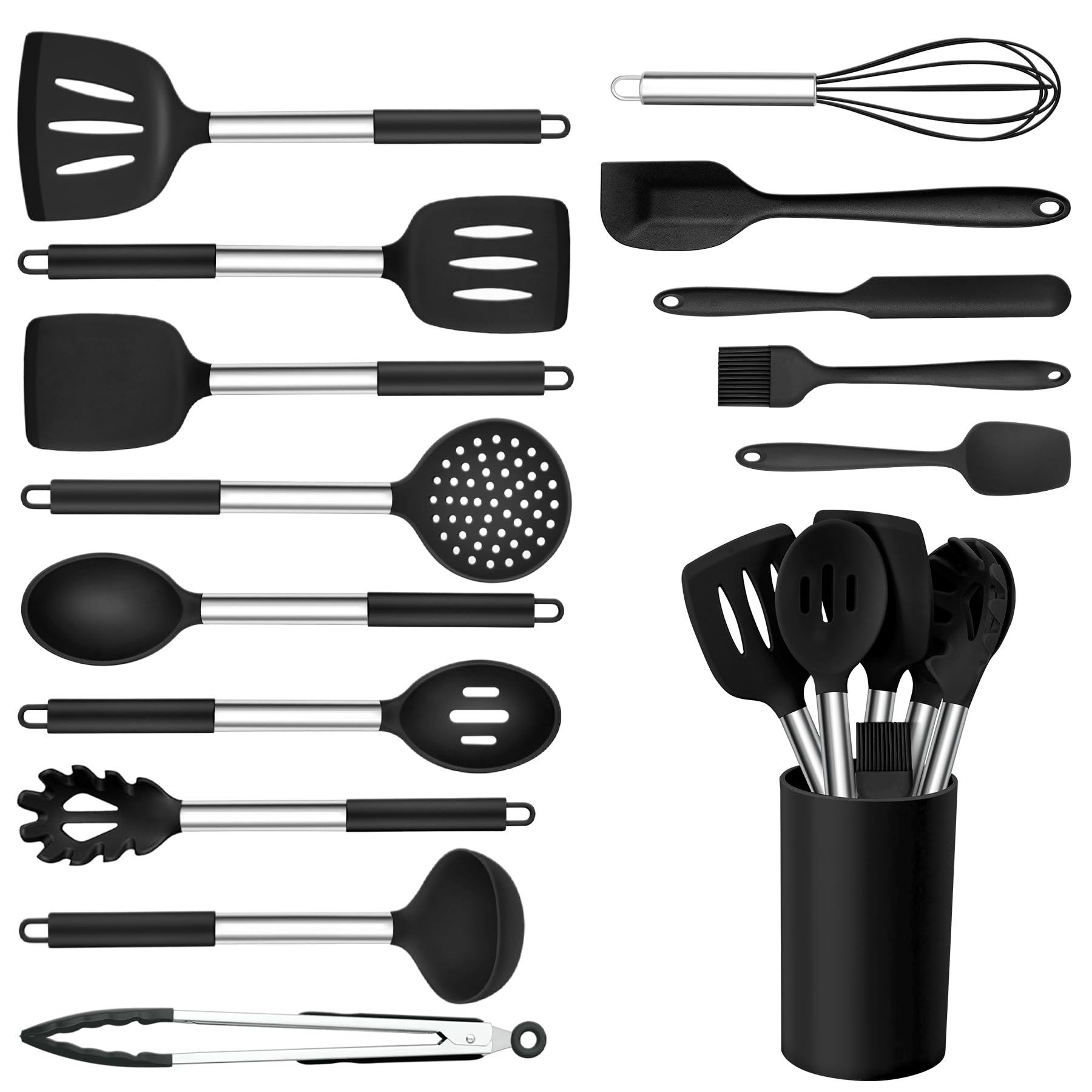 Onader Kitchen Utensils Set, 15 Pcs Silicone Cooking Utensils Set with Holder and Heat Resistant Stainless Steel Handle for Nonstick Cookware - Black