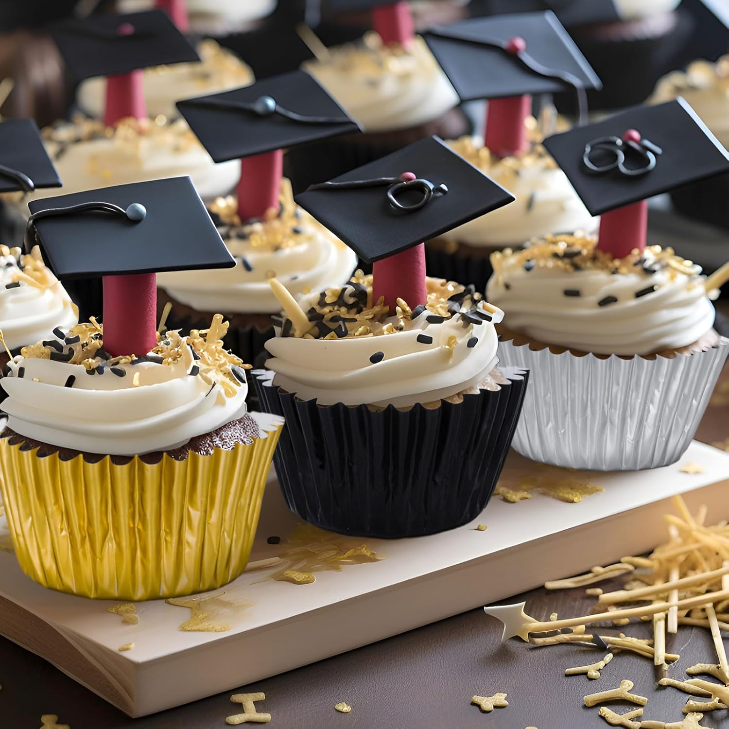 Whaline Graduation Cupcake Liners - 300 Pcs Black, Silver & Gold Foil Baking Cups for Parties