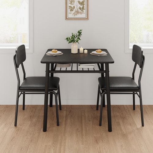 IDEALHOUSE 3-Piece Dining Table Set for 2 with Storage Rack, Wood Kitchen Table with Upholstered Chairs Set of 2, Small Square Table Set with Metal Legs Support, for Dining Room, Living Room, Black