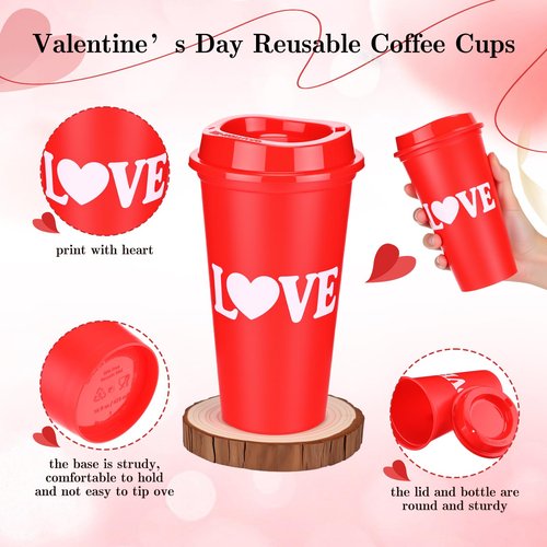 Ferrochef 24pcs Valentine Day Conversation Coffee Cups Mugs Gift Bulk 16oz Galentine Day Reusable Plastic Tumbler with Lids for Women Galentine Party Supplies Hot Cold Drinks (Love Lettering)