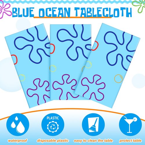 Joottuan 3 Pcs Sponge Birthday Party Decorations Blue Ocean Flower Tablecloth 54 x 108 Inch Disposable Happy Birthday Table Cover for Rectangle Table Baby Shower Party Supplies