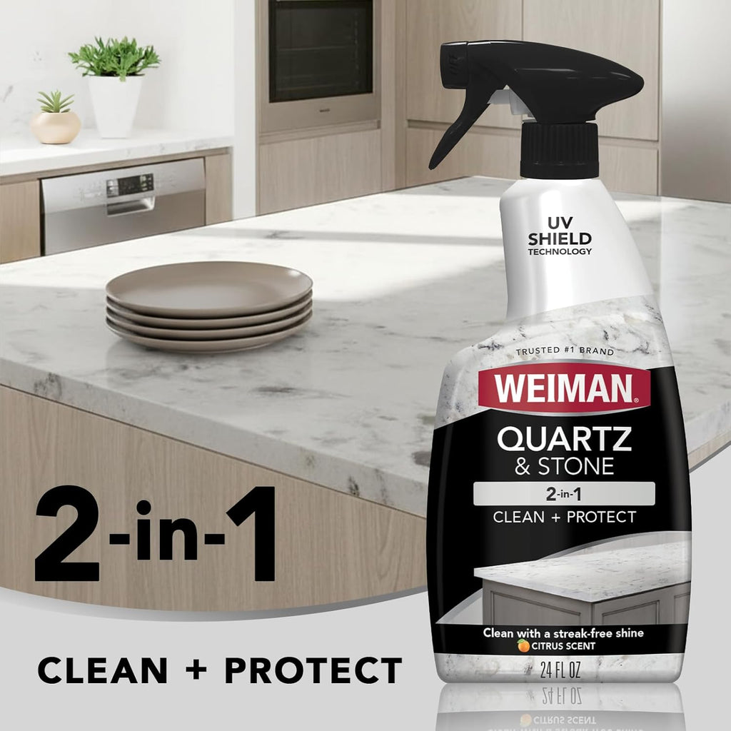 Weiman Quartz Countertop Cleaner - UV Protection for Clean & Shiny Stone Surfaces | 24 Ounce, 2 Pack with Microfiber Towel