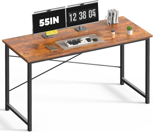 DUMOS 55-Inch Computer Desk - Modern Writing & Gaming Workstation with Metal Frame | Wood Brown Finish