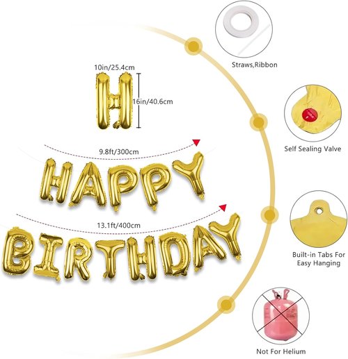 Gold Happy Birthday Balloons Banner - 16-Inch Mylar Foil Letters | Reusable Party Decor for All Ages
