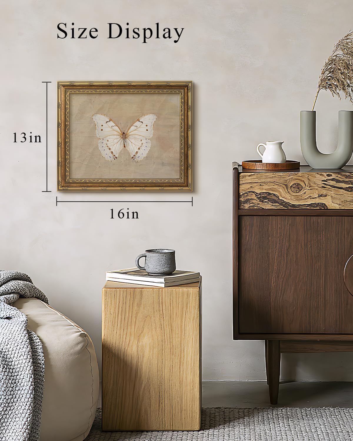 VIYYIEA Glass Gold Framed Wall Art - Vintage White Butterfly Canvas Painting | 13x16 Inch Home Decor